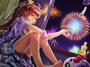 barefoot, breasts, cl, cleavage, crying, fireworks, japanese clothes, long hair, night, original, ponytail, purpl